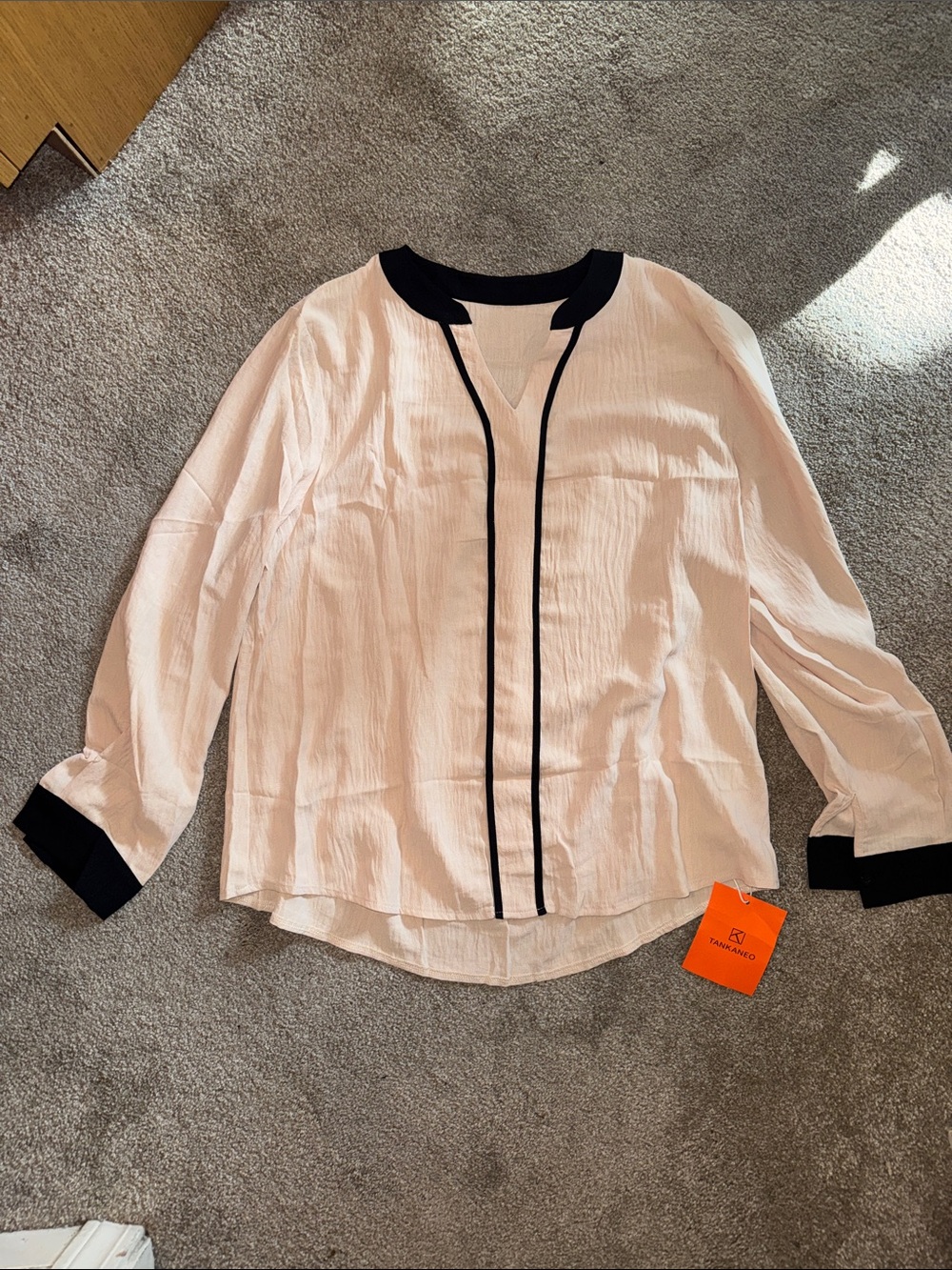 Light Cream Long-Sleeve Blouse with Black Trim